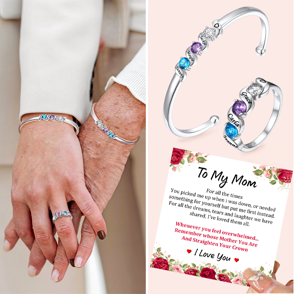 Personalized Birthstone Ring with Engraved Names for mom