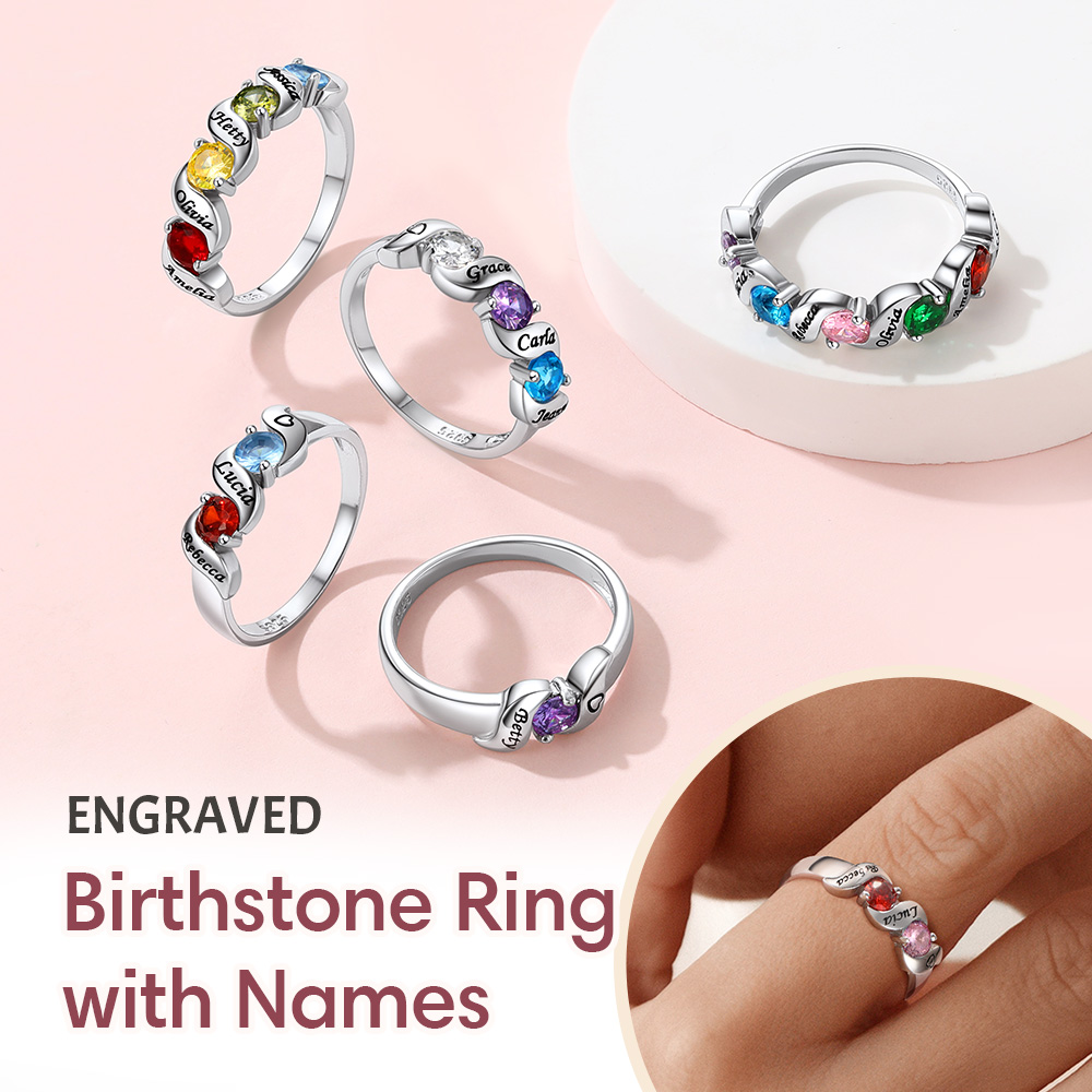 Personalized Birthstone Ring with Engraved Names for women