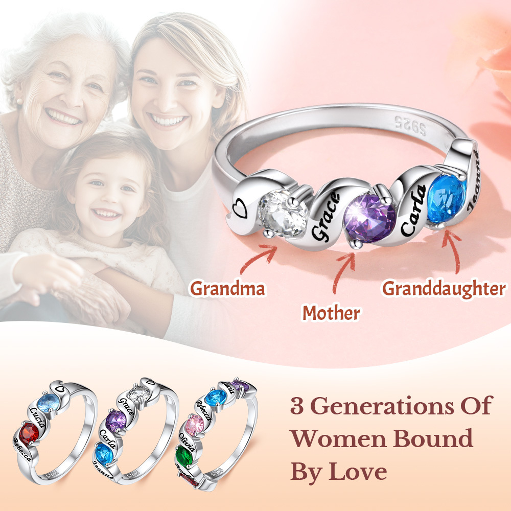 Personalized Birthstone Ring with Engraved Names gift for mom