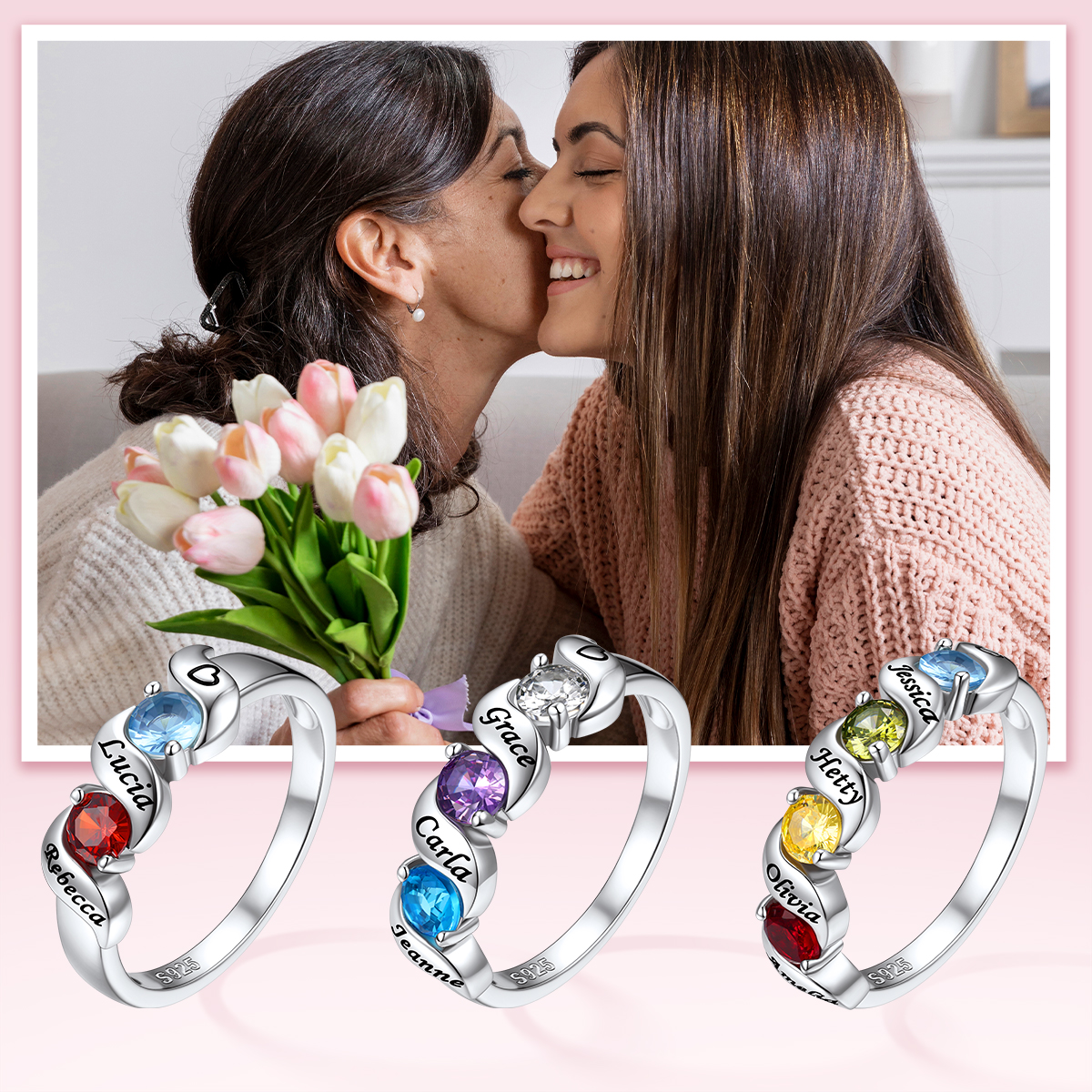 Personalized Birthstone Ring with Engraved Names gift for mother