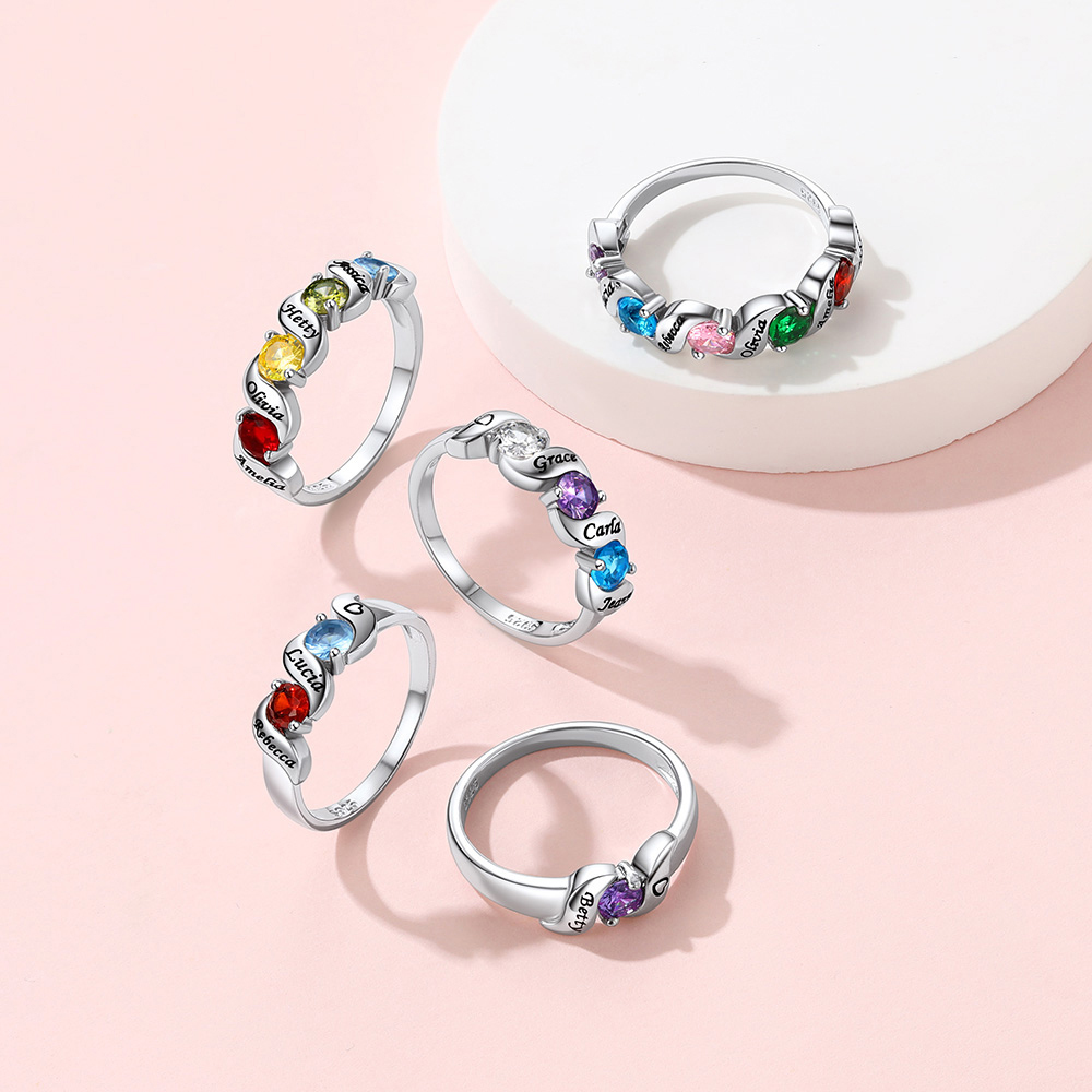 Personalized Birthstone Ring with Engraved Names jewelry for mom