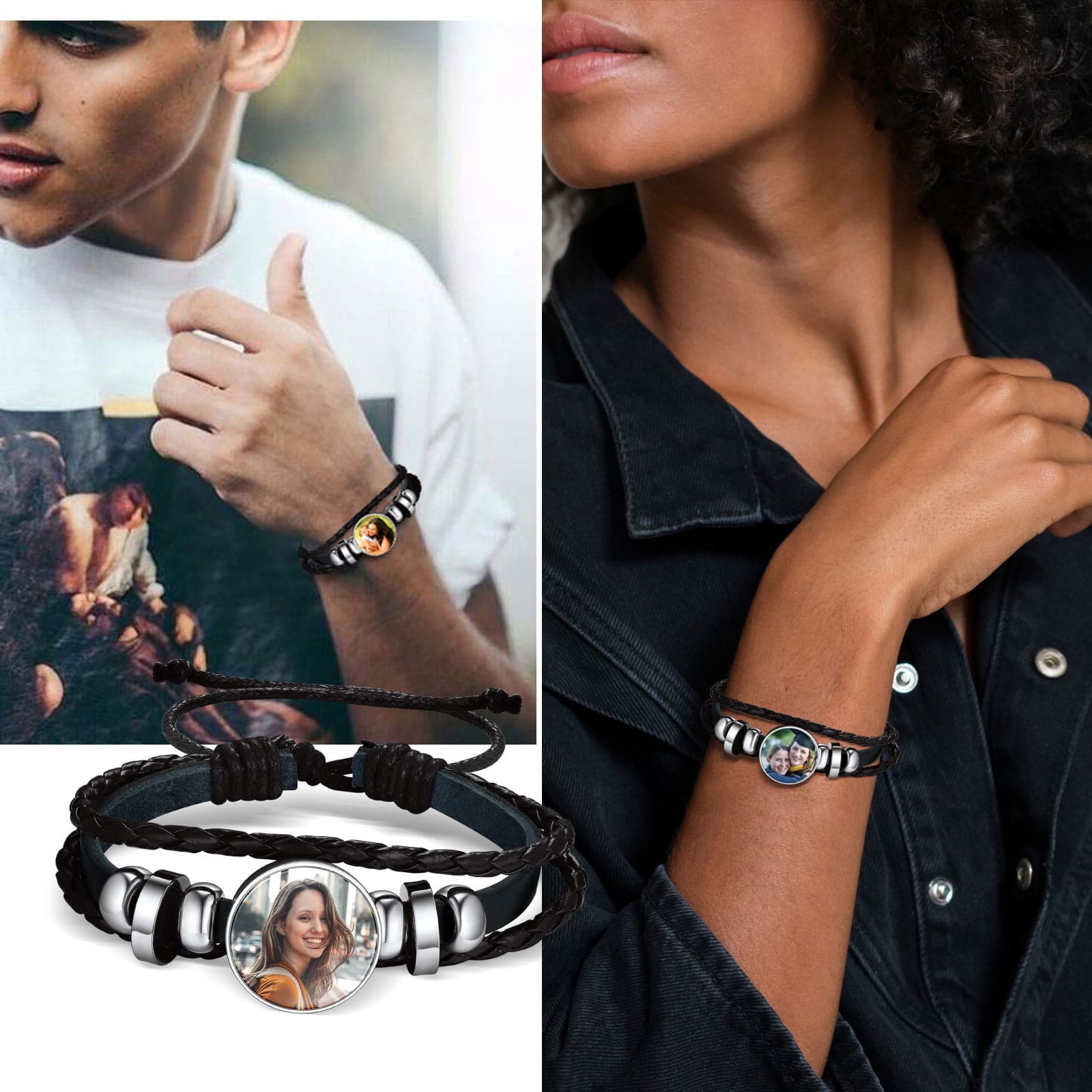 Personalized Braided Leather Photo Bracelet with Picture For Men