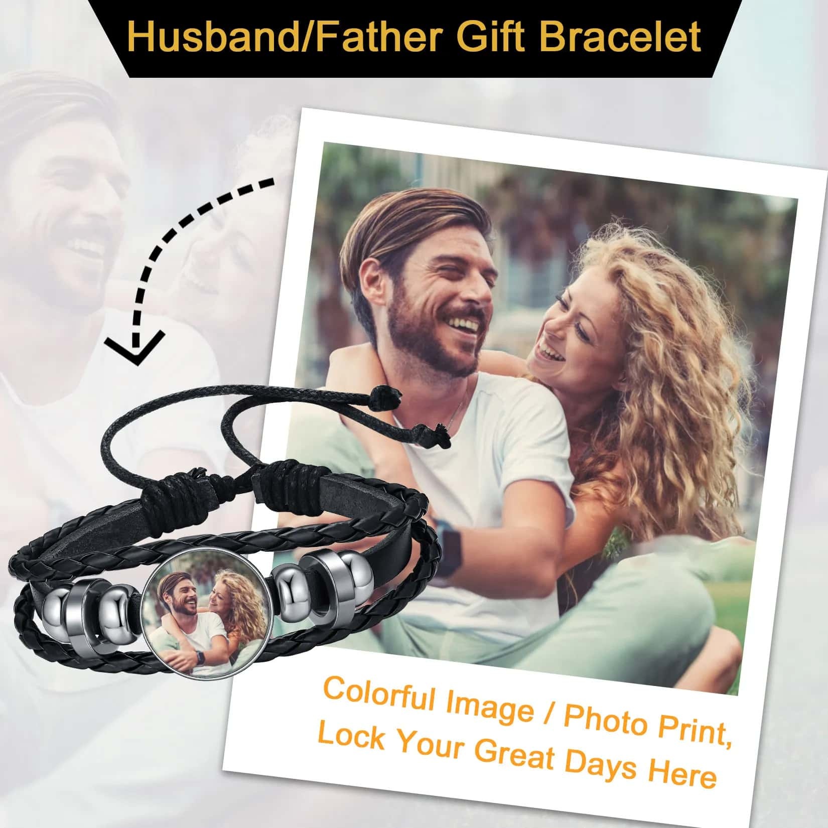 Personalized Braided Leather Photo Bracelet with Picture For Men