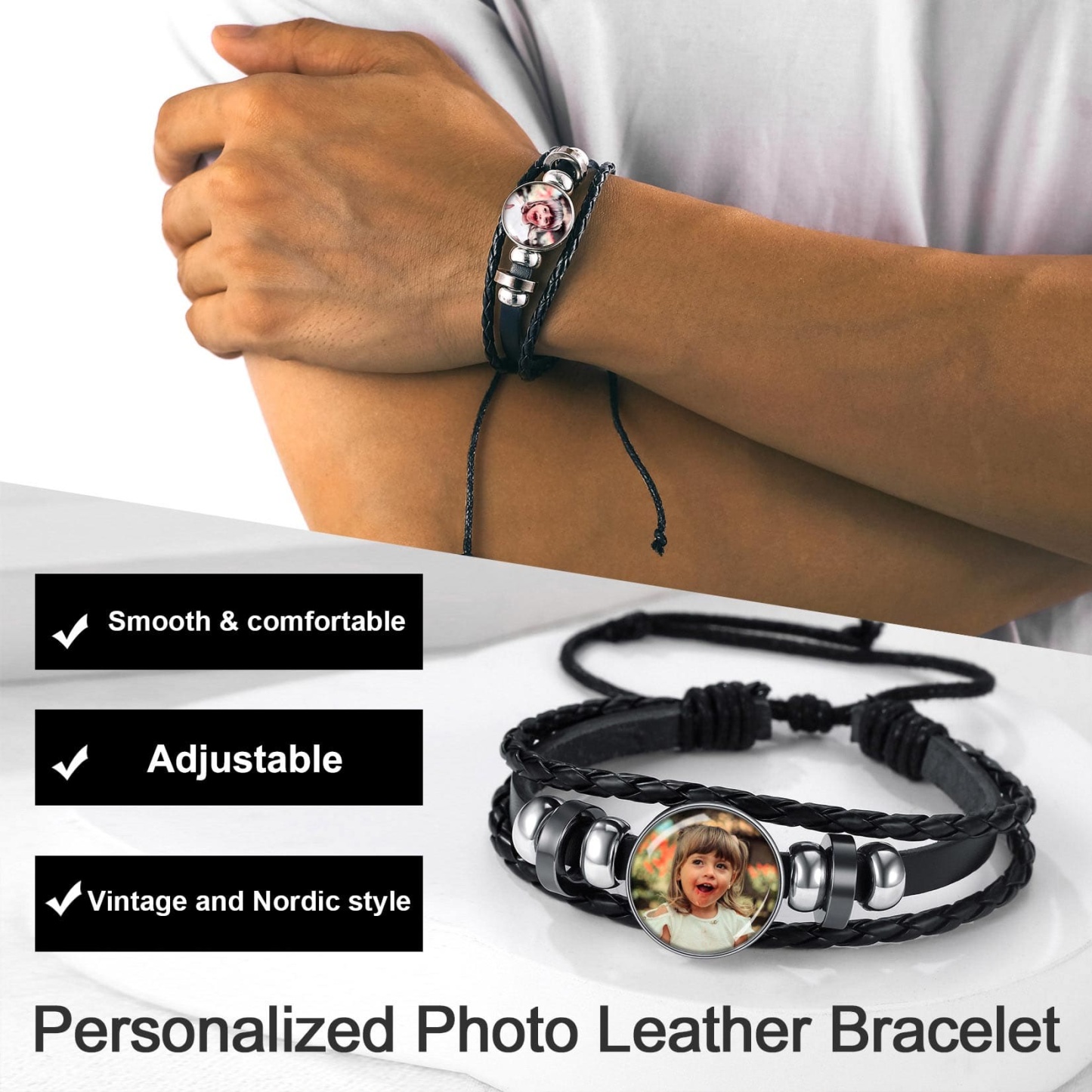Personalized Braided Leather Photo Bracelet with Picture For Men