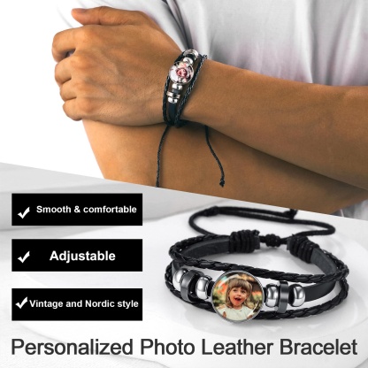 Personalized Braided Leather Photo Bracelet with Picture For Men