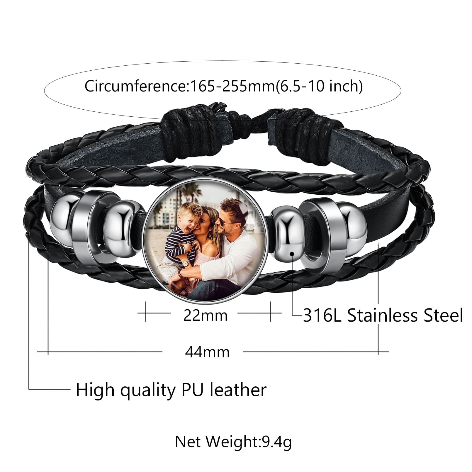 Personalized Braided Leather Photo Bracelet with Picture For Men