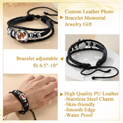Personalized Braided Leather Photo Bracelet with Picture For Men