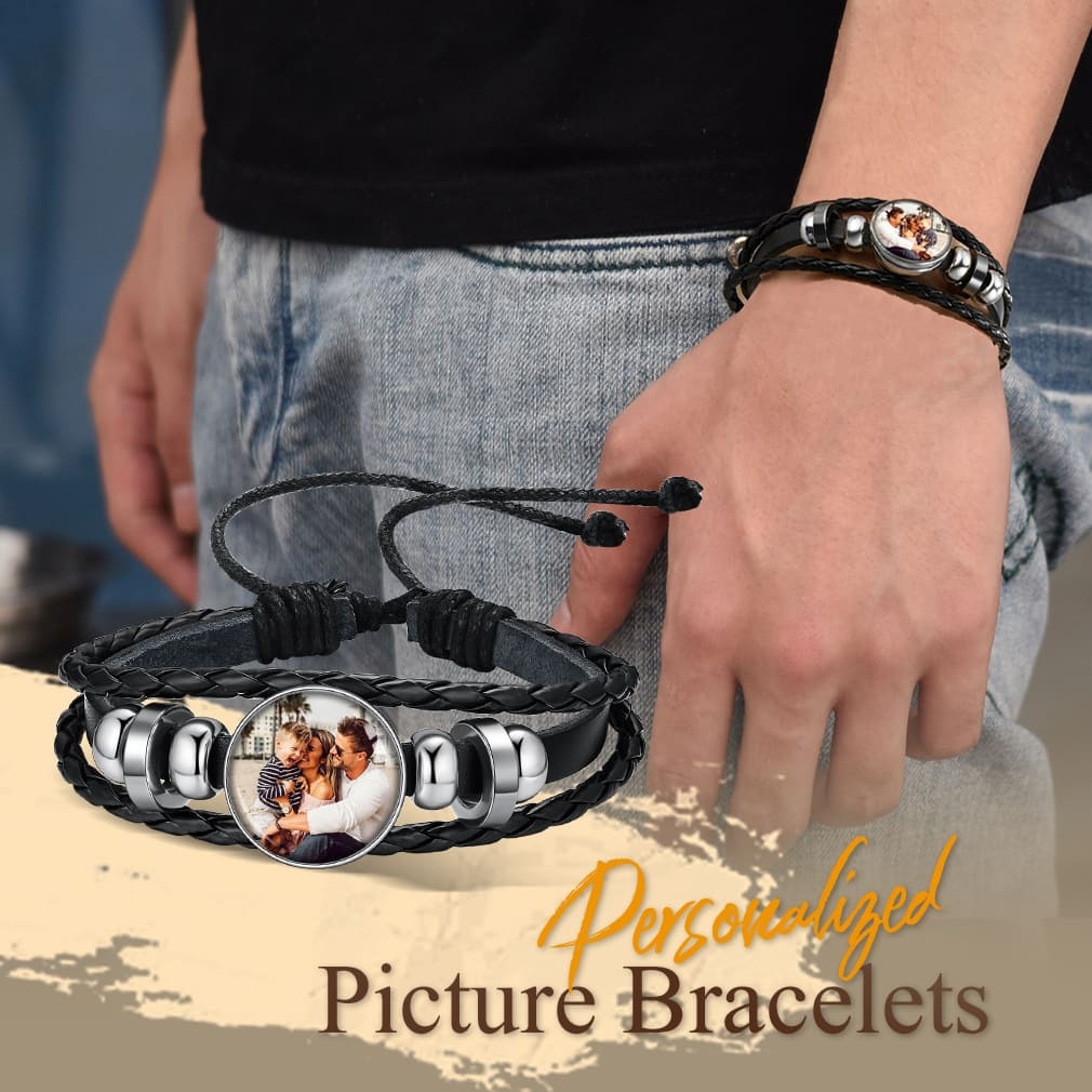 Personalized Braided Leather Photo Bracelet with Picture For Men