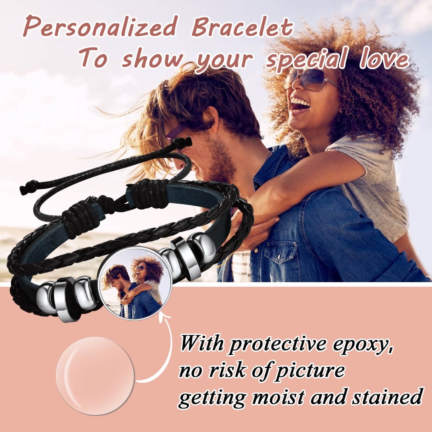 Personalized Braided Leather Photo Bracelet with Picture For Men