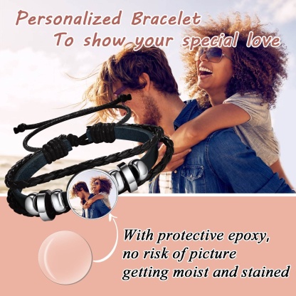Personalized Braided Leather Photo Bracelet with Picture For Men