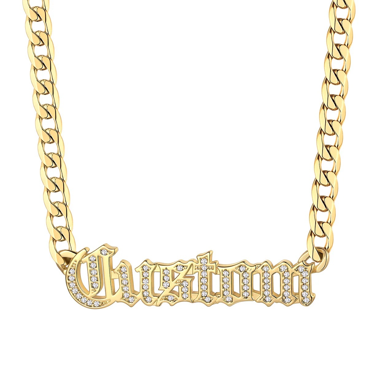 Custom CZ Nameplated Cuban Chain Necklace gold