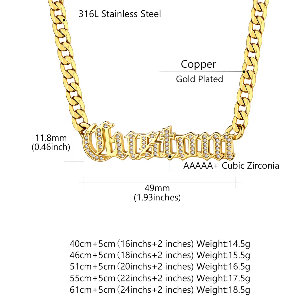 Custom CZ Nameplated Cuban Chain Necklace size