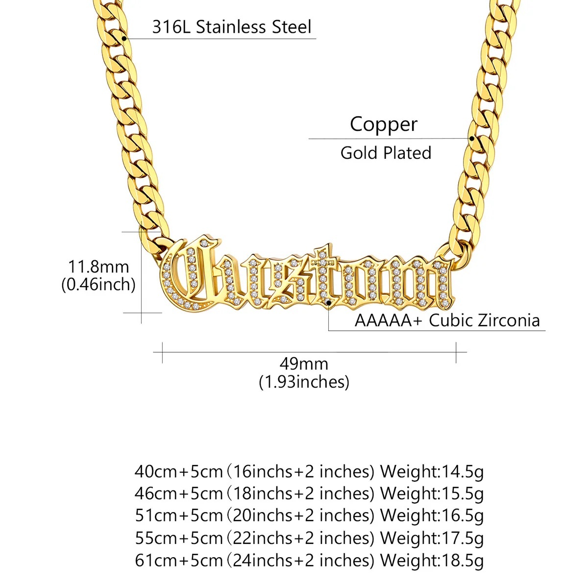 Custom CZ Nameplated Cuban Chain Necklace size