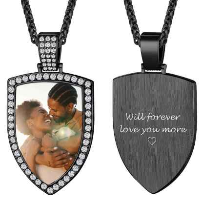 Personalized CZ Shield Pictures Necklace for Men Women black