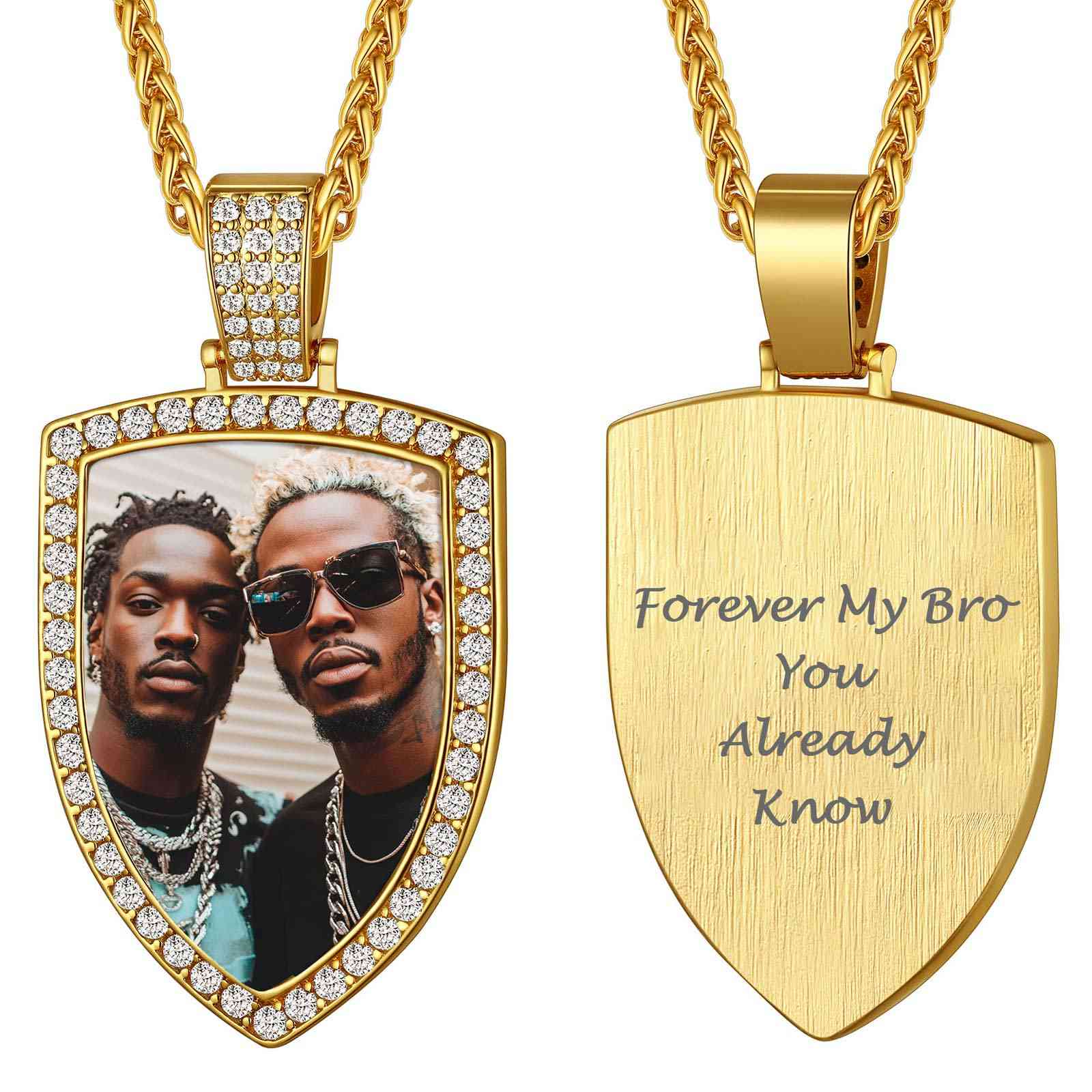 Personalized CZ Shield Pictures Necklace for Men Women gold