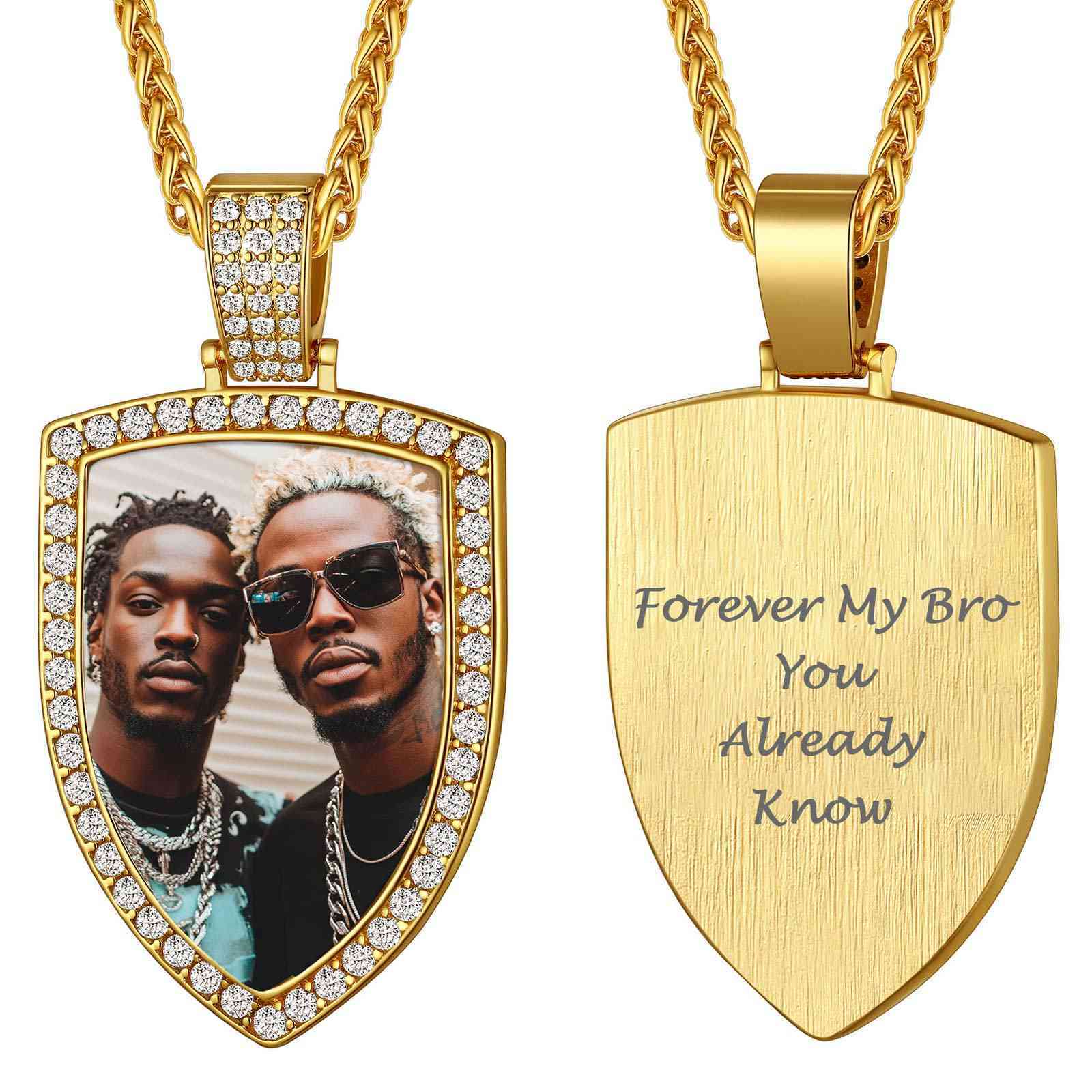 Personalized CZ Shield Pictures Necklace for Men Women gold