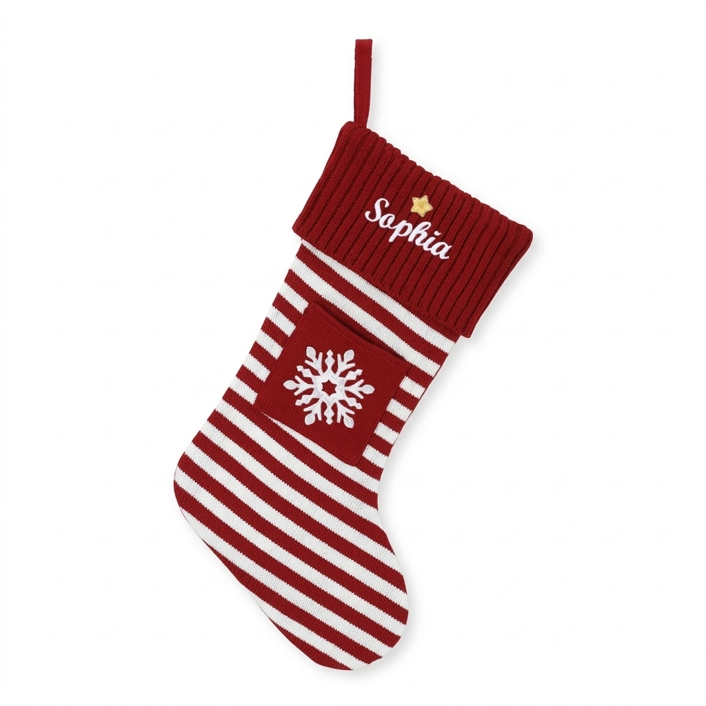 Personalized Christmas Striped Stocking with Snowflake red