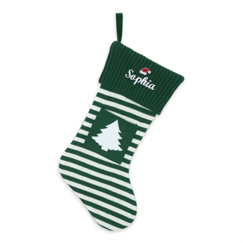 Personalized Christmas Striped Stocking with Snowflake green