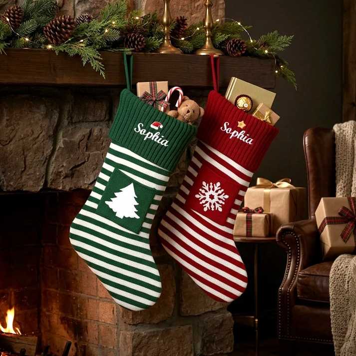 Personalized Christmas Striped Stocking with Snowflake holiday gift