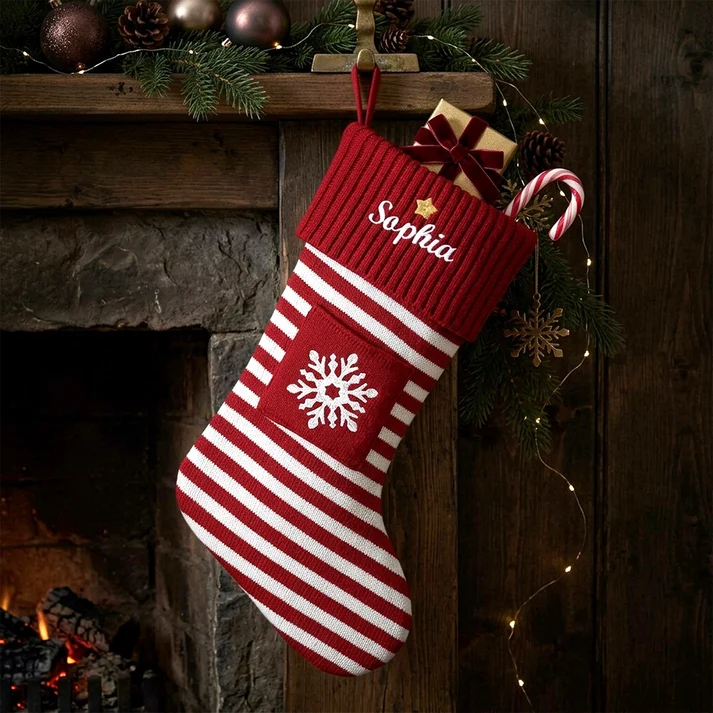 Personalized Christmas Striped Stocking with Snowflake Personalized gift