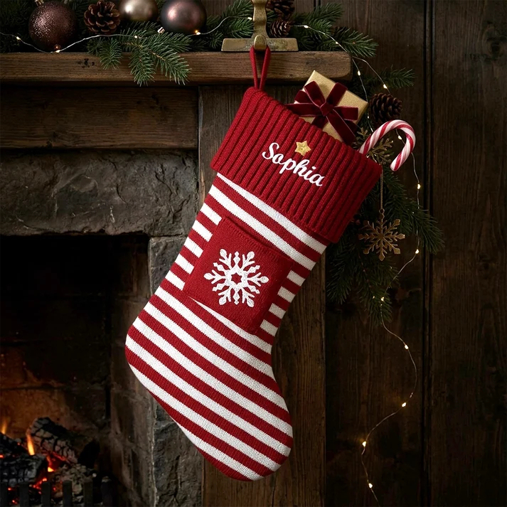 Personalized Christmas Striped Stocking with Snowflake Personalized gift