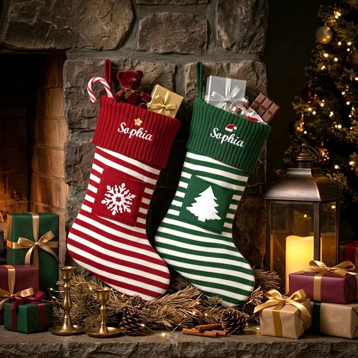 Personalized Christmas Striped Stocking with Snowflake meaningful gift
