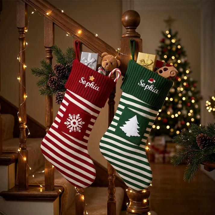 Personalized Christmas Striped Stocking with Snowflake Christmas gift