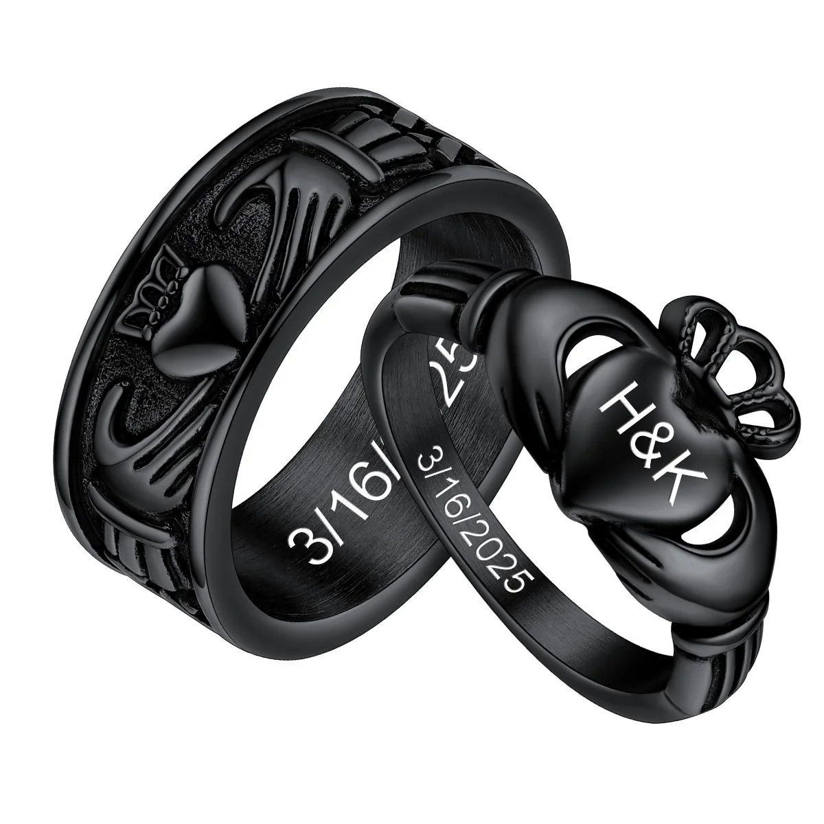 Personalized black Claddagh Promise Rings for Couple