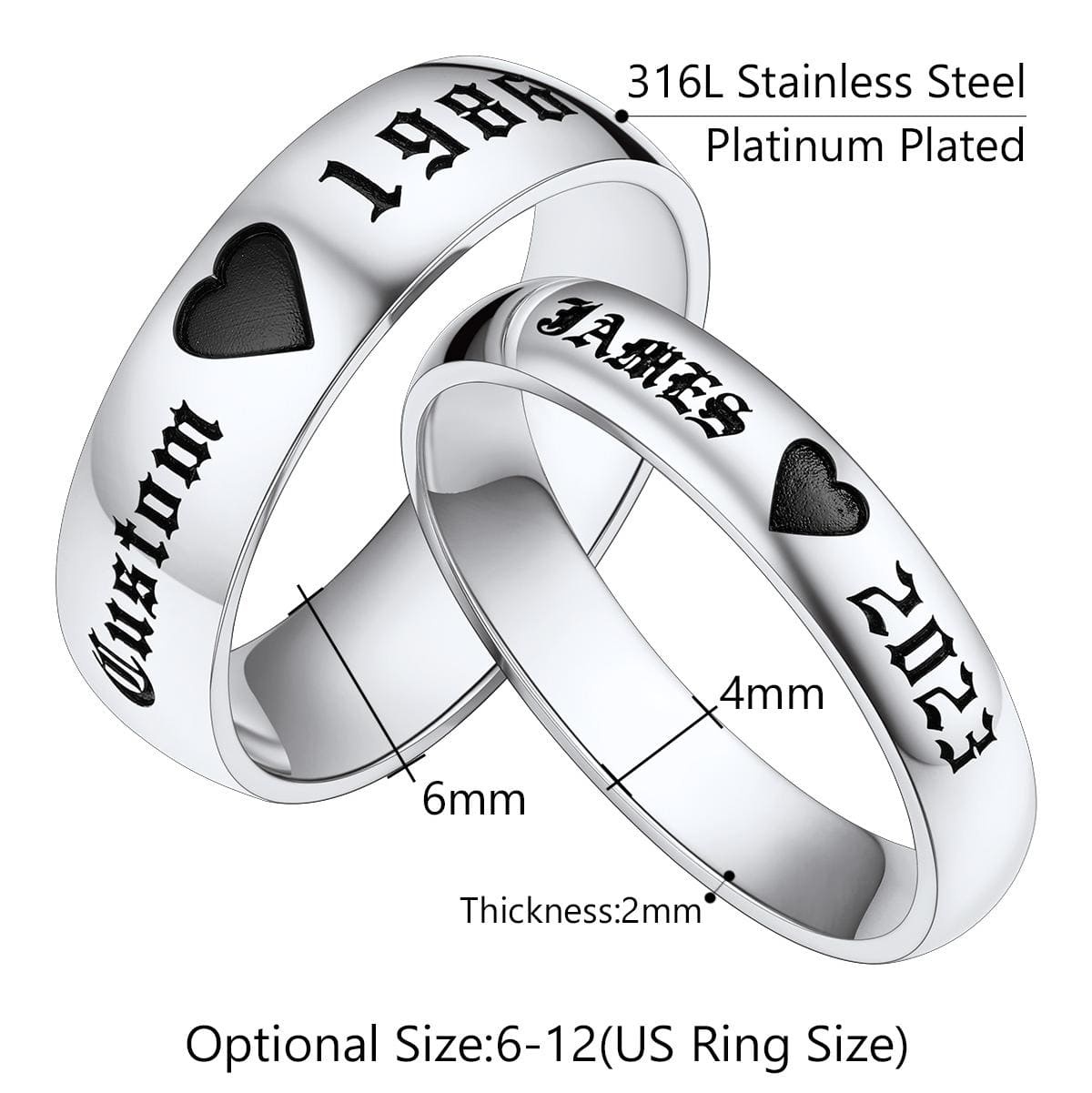 Personalized Custom Name Promise Rings for Couples size