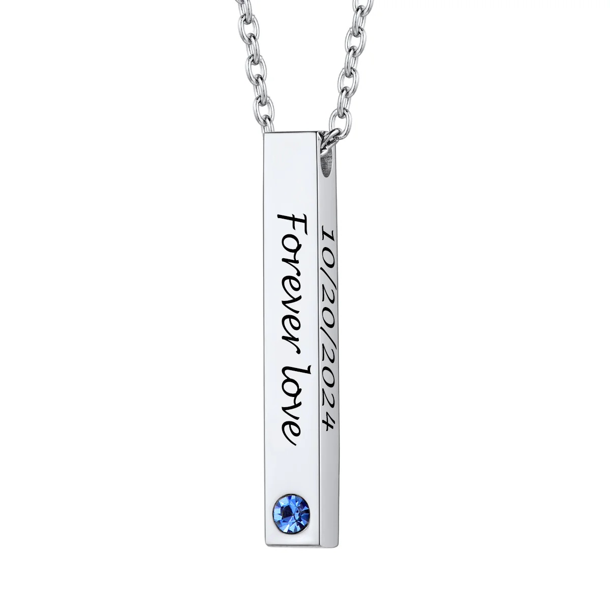 Custom Engraved Birthstone Bar SILVER Necklace