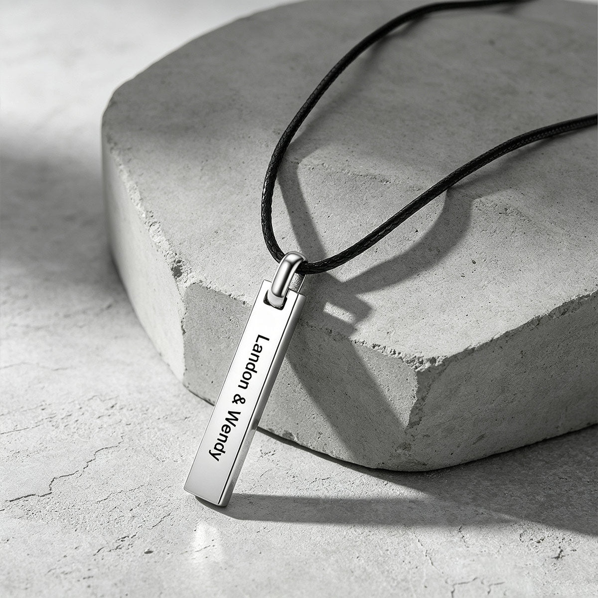 Personalized Engraved Bar Braided Leather Necklace silver