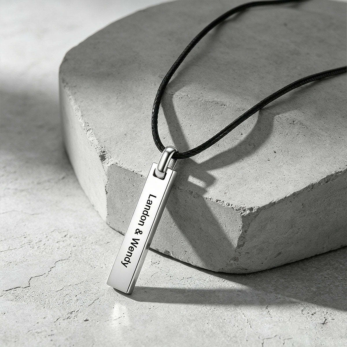 Personalized Engraved Bar Braided Leather Necklace silver