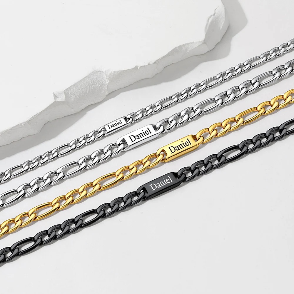 Personalized Engraving Name Figaro Chain Necklace in different color