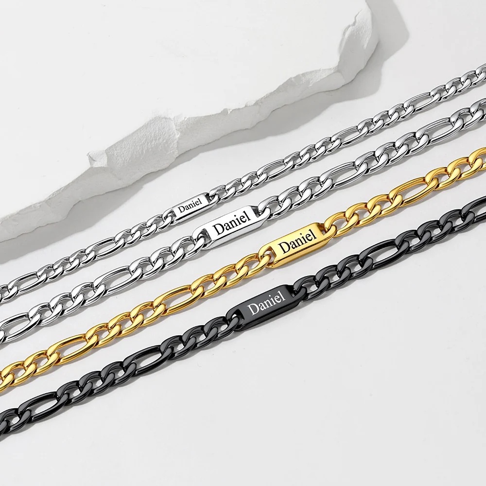 Personalized Engraving Name Figaro Chain Necklace in different color