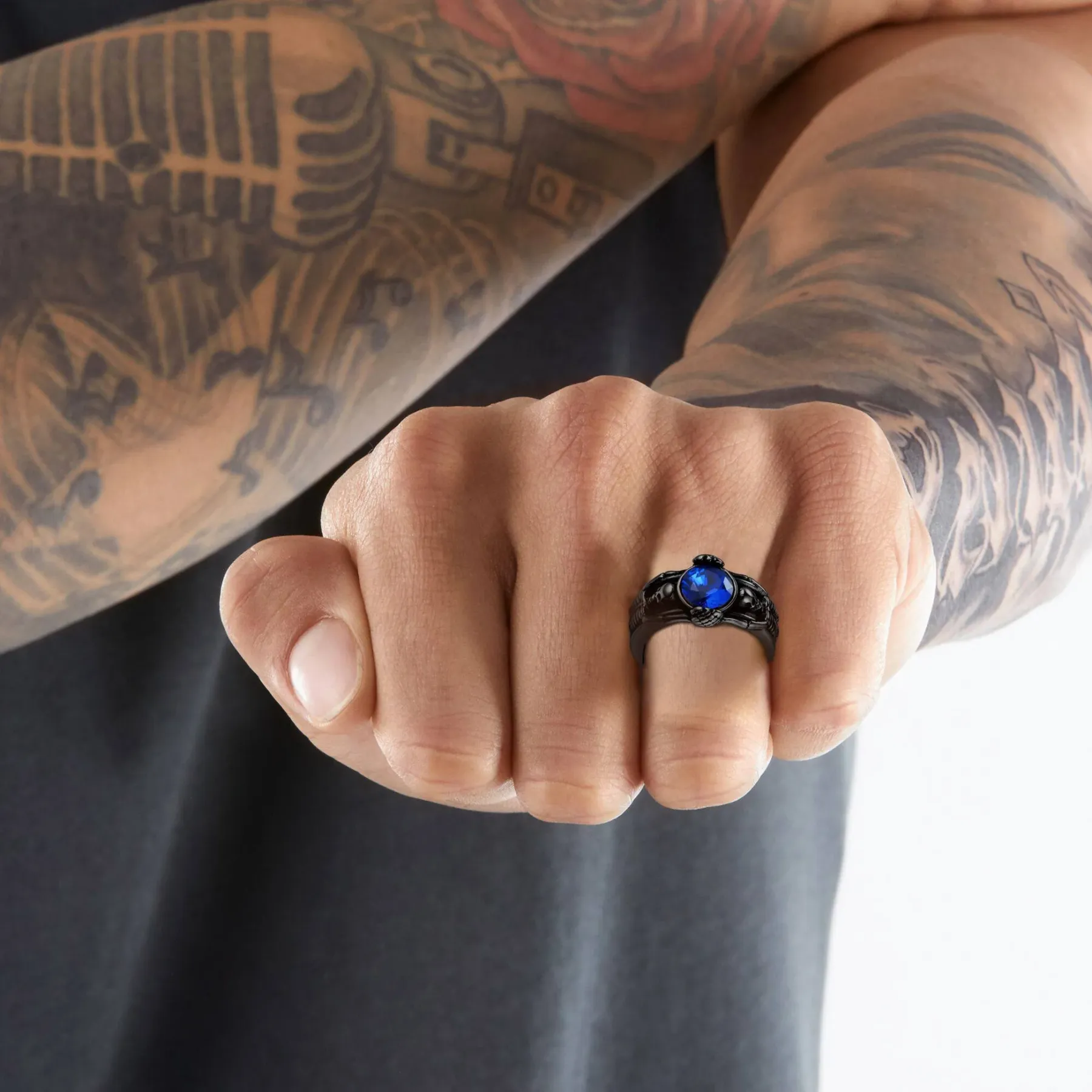 men wearing Engraving Skull Birthstone Ring