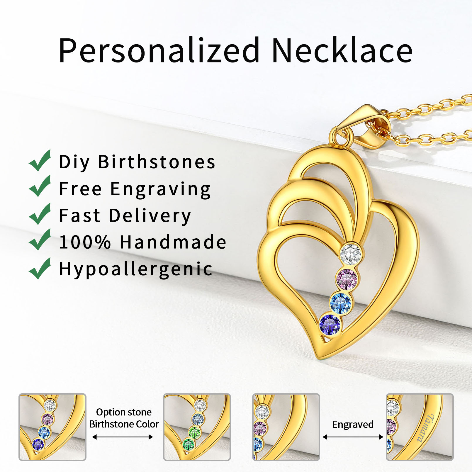 Personalized Family Heart Birthstone Necklace detail