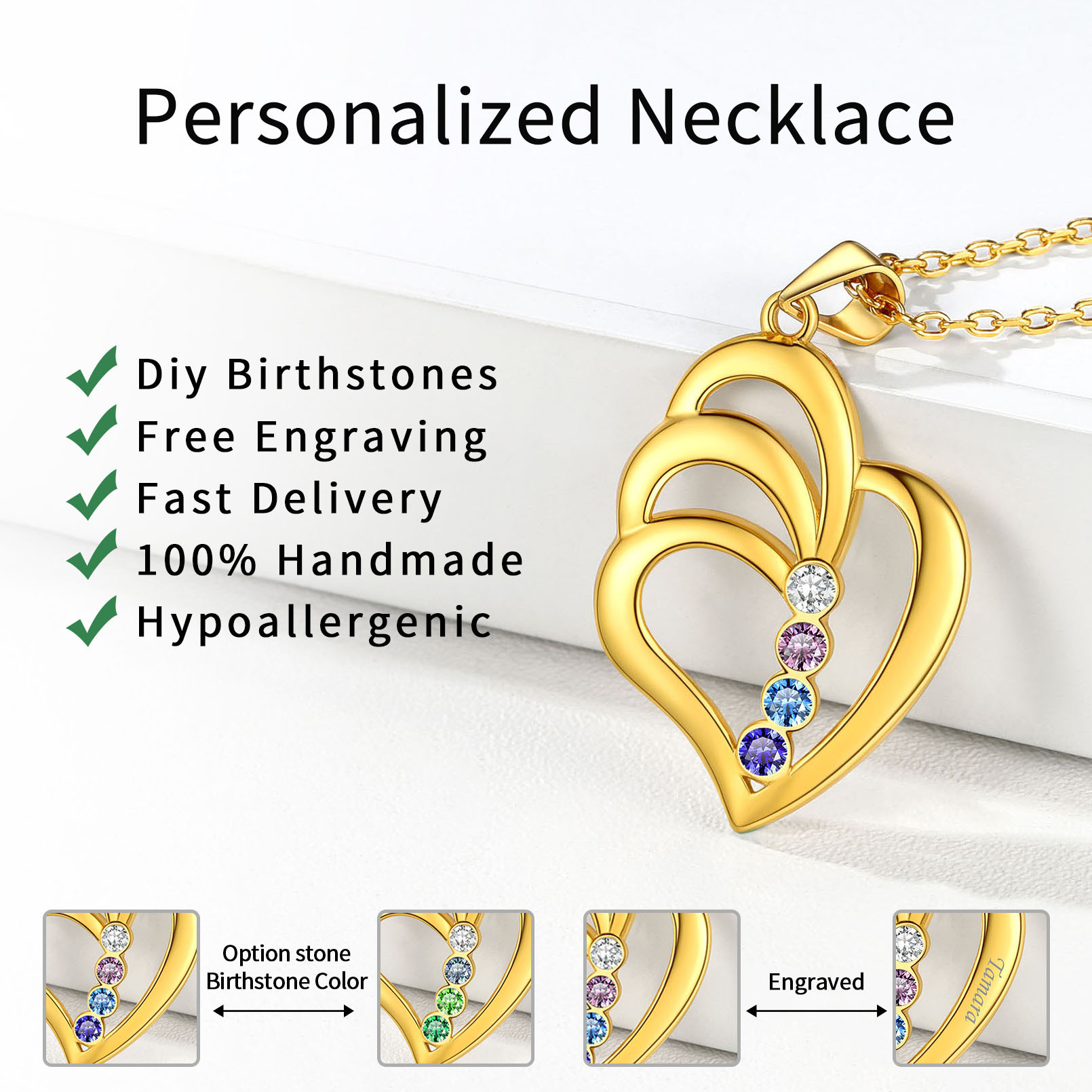 Personalized Family Heart Birthstone Necklace detail