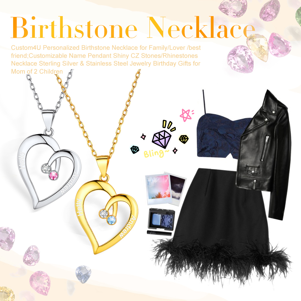 Personalized Family Heart Birthstone girls Necklace