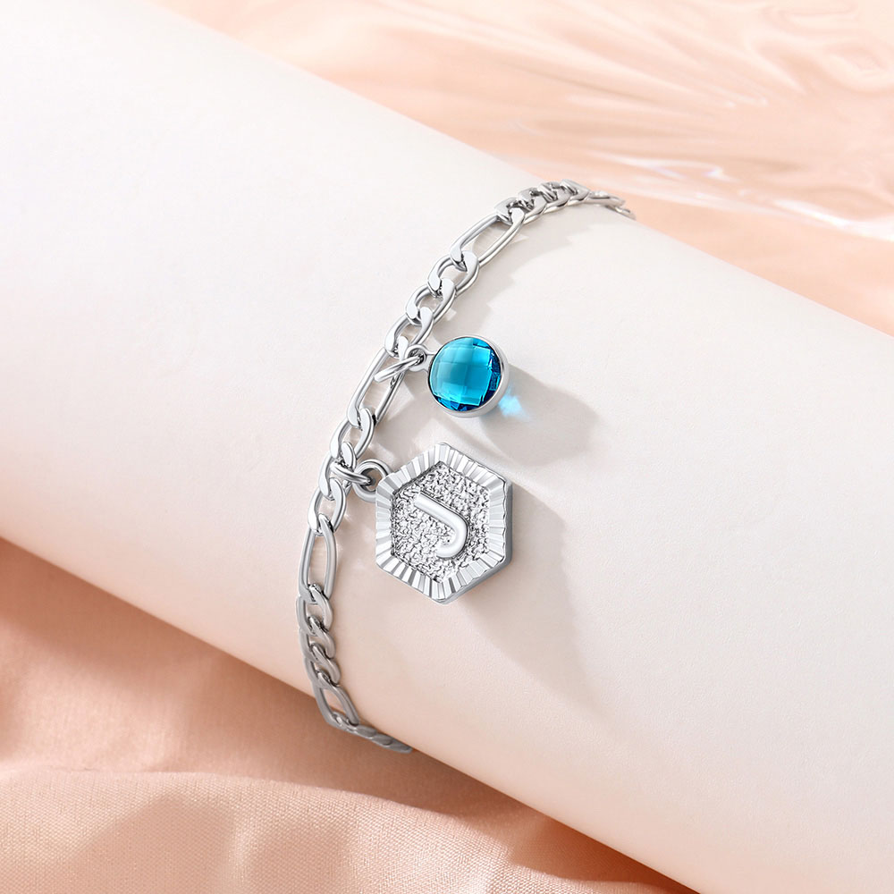 Personalized Figaro Chain Birthstone Initial Charm Anklet Bracelet for Women
