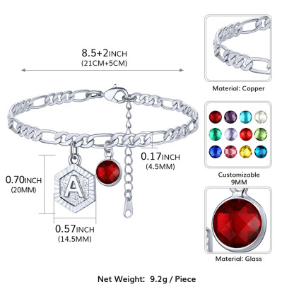 Personalized Figaro Chain Birthstone Initial Charm Anklet Bracelet for Women