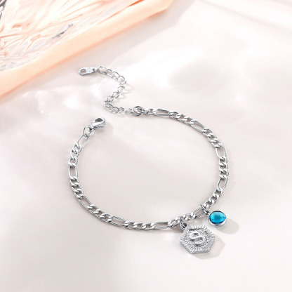 Personalized Figaro Chain Birthstone Initial Charm Anklet Bracelet for Women