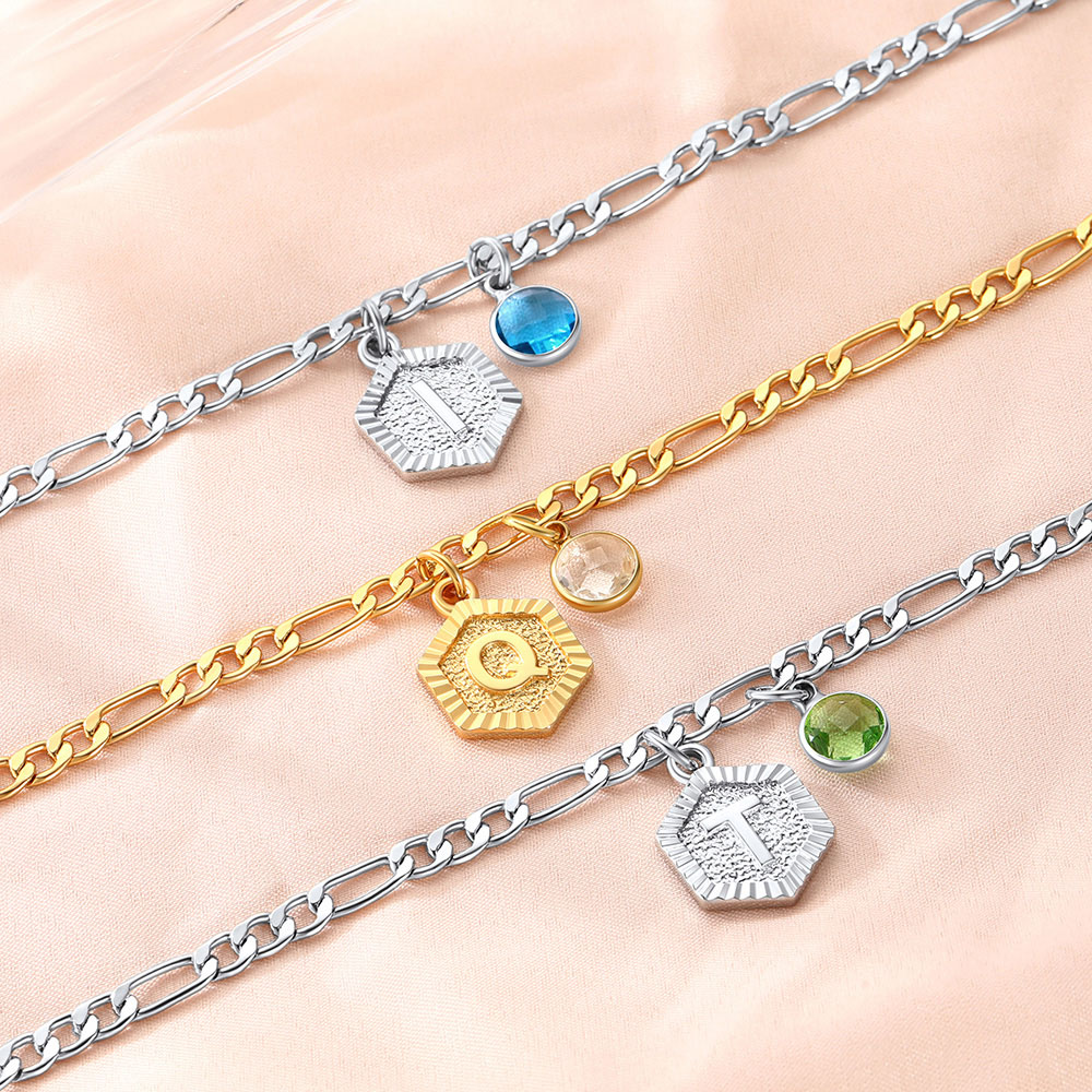 Personalized Figaro Chain Birthstone Initial Charm Anklet Bracelet for Women