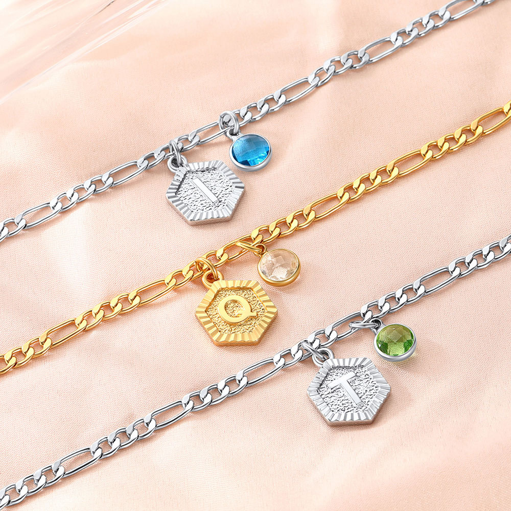 Personalized Figaro Chain Birthstone Initial Charm Anklet Bracelet for Women