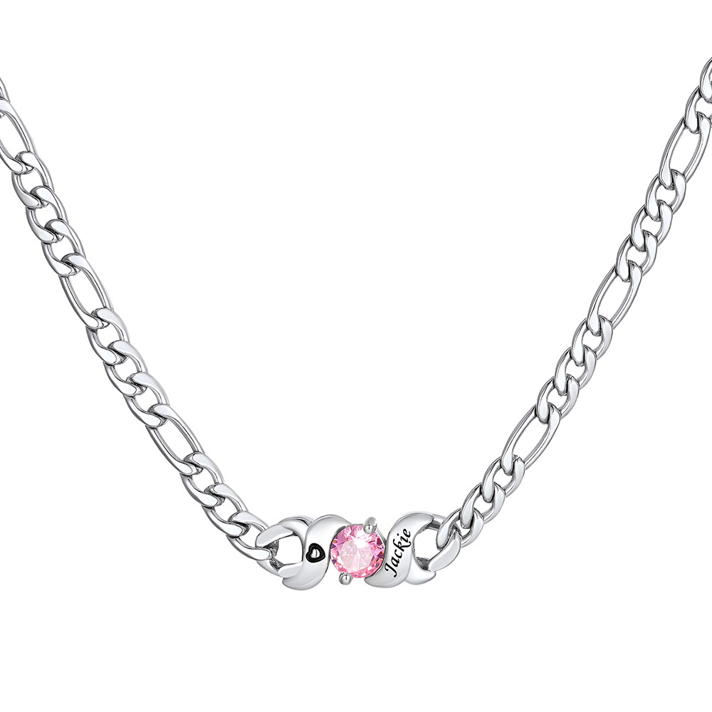 Personalized Figaro Necklace with Birthstones and Engraved Names