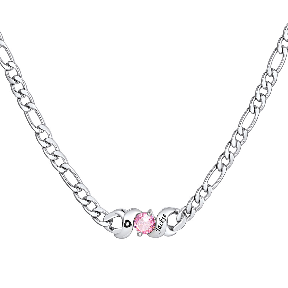 Personalized Figaro Necklace with Birthstones and Engraved Names