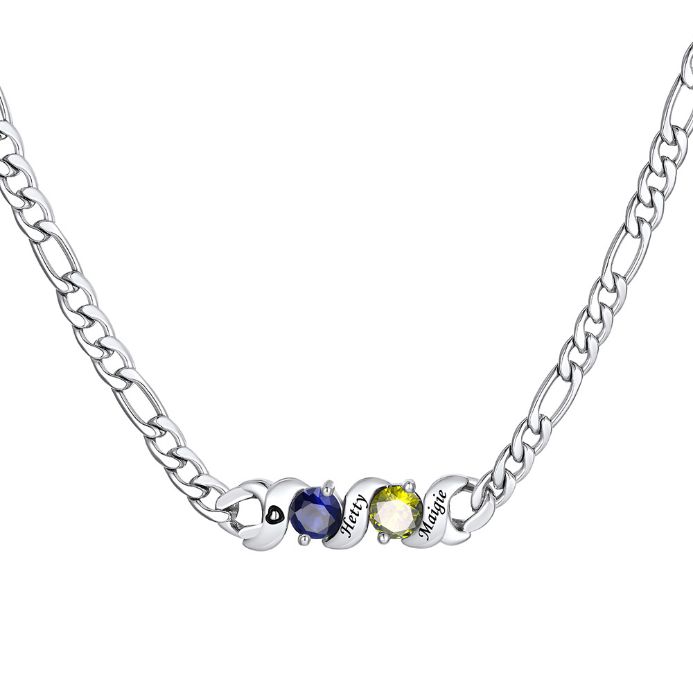 Personalized Figaro Necklace with Birthstones and Engraved Names for Family
