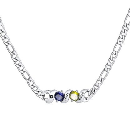 Personalized Figaro Necklace with Birthstones and Engraved Names for Family