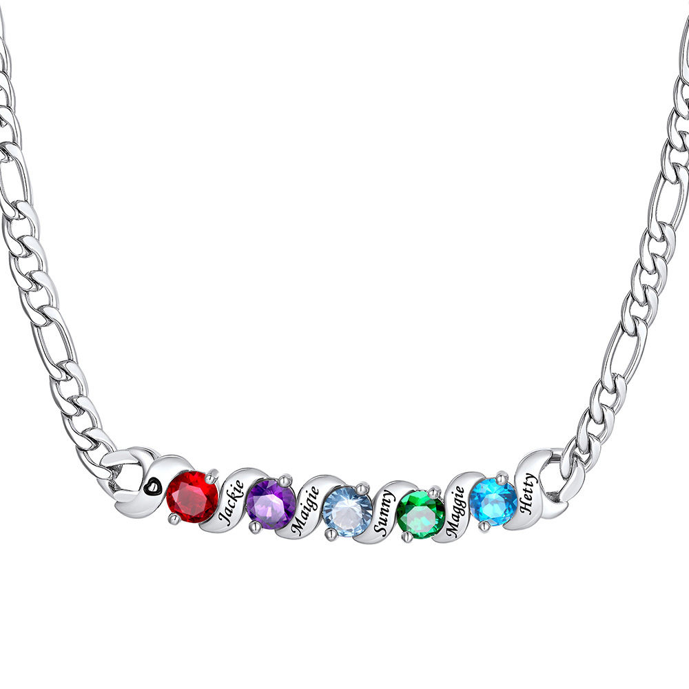 Personalized Figaro Necklace with Birthstones and Engraved Names for Family