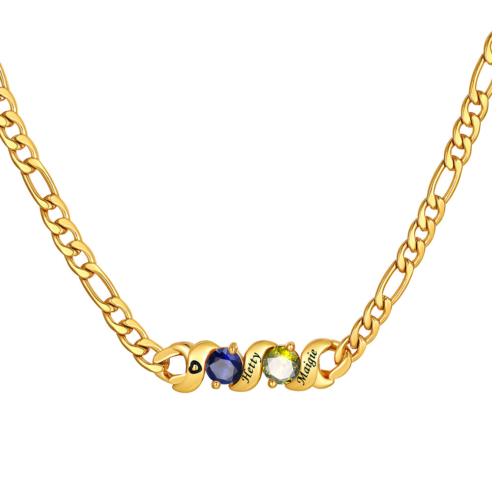 Personalized Figaro Necklace with Birthstones and Engraved Names for Family
