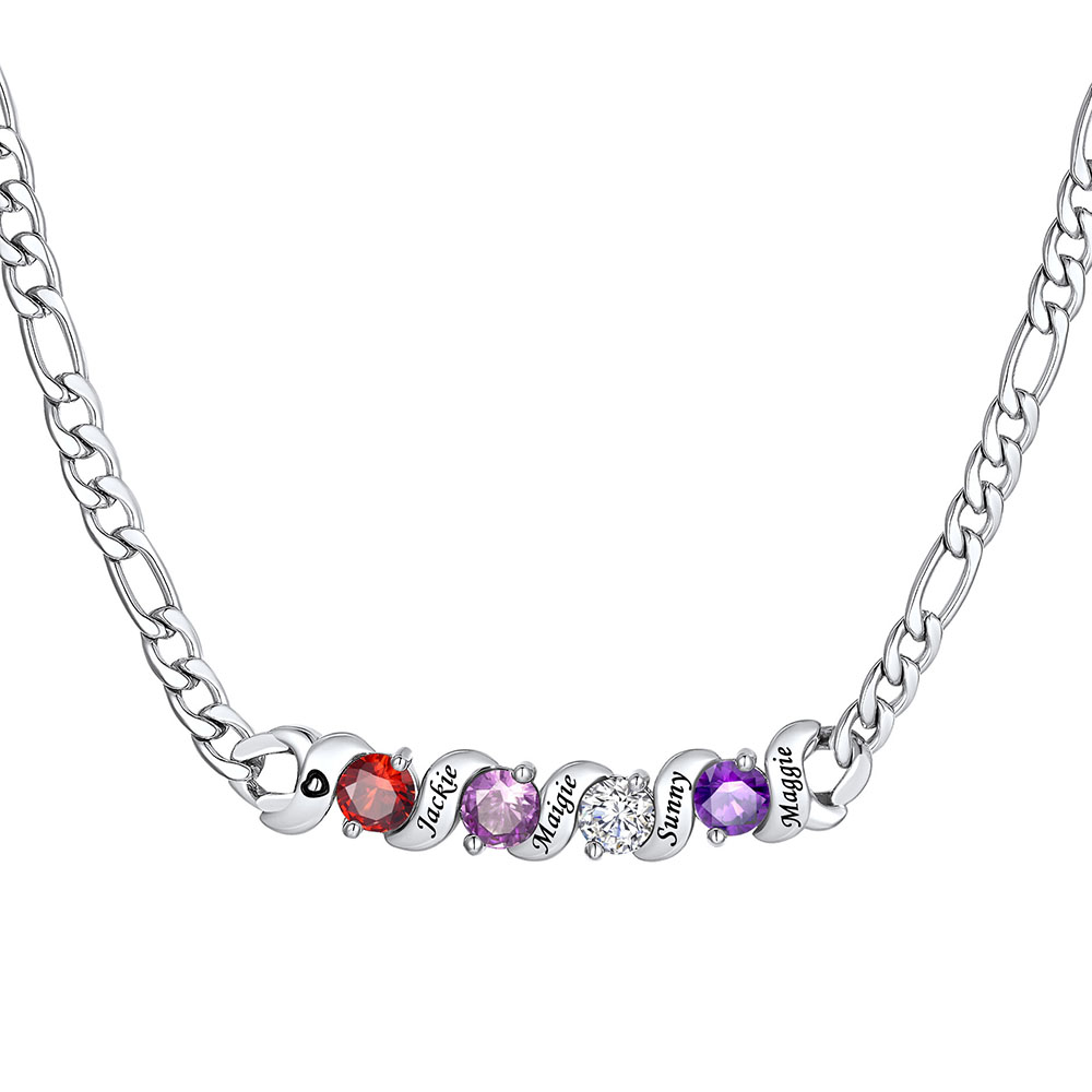 Personalized Figaro Necklace with Birthstones and Engraved Names for Family
